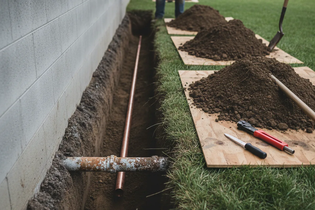 Excavated water line trench during Sewer Line Repair in Bacliff